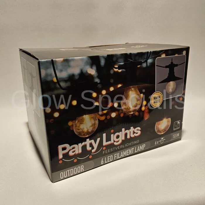 PARTY LIGHTING STRING LIGHTS - OUTDOOR - 5.5 M - 6 LED FILAMENT LAMPS - 2 TYPES