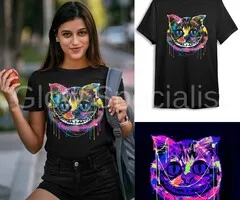 SMILING CAT - BLACKLIGHT T-SHIRT - BLACK WITH NEON PRINT