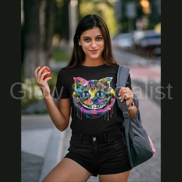 SMILING CAT - BLACKLIGHT T-SHIRT - BLACK WITH NEON PRINT