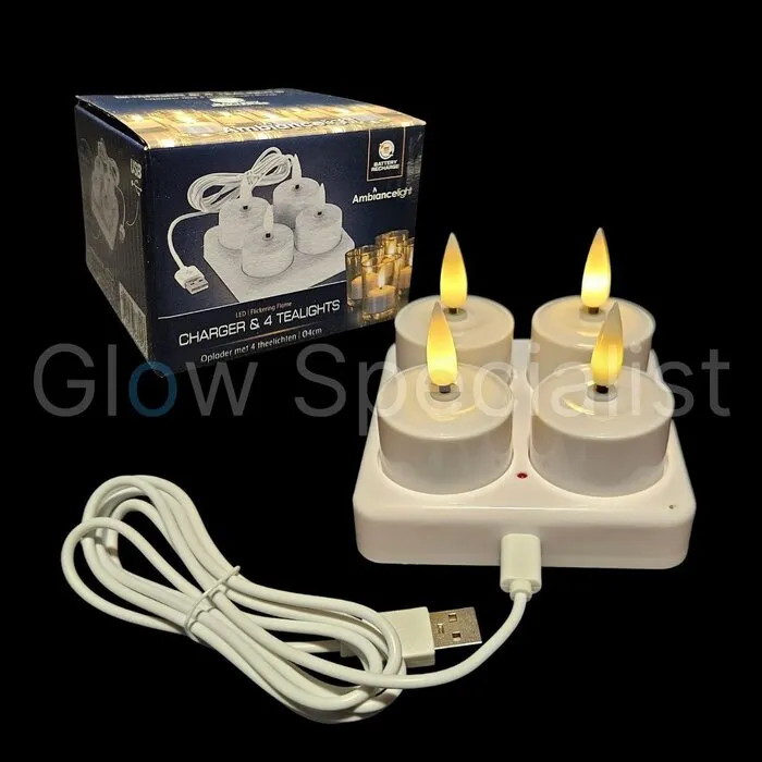 Glow Specialist 4 RECHARGEABLE LED TEA LIGHTS - INCL. CHARGER + EXPANSION SET - WHITE