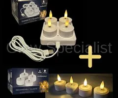 Glow Specialist 4 RECHARGEABLE LED TEA LIGHTS - INCL. CHARGER + EXPANSION SET - WHITE