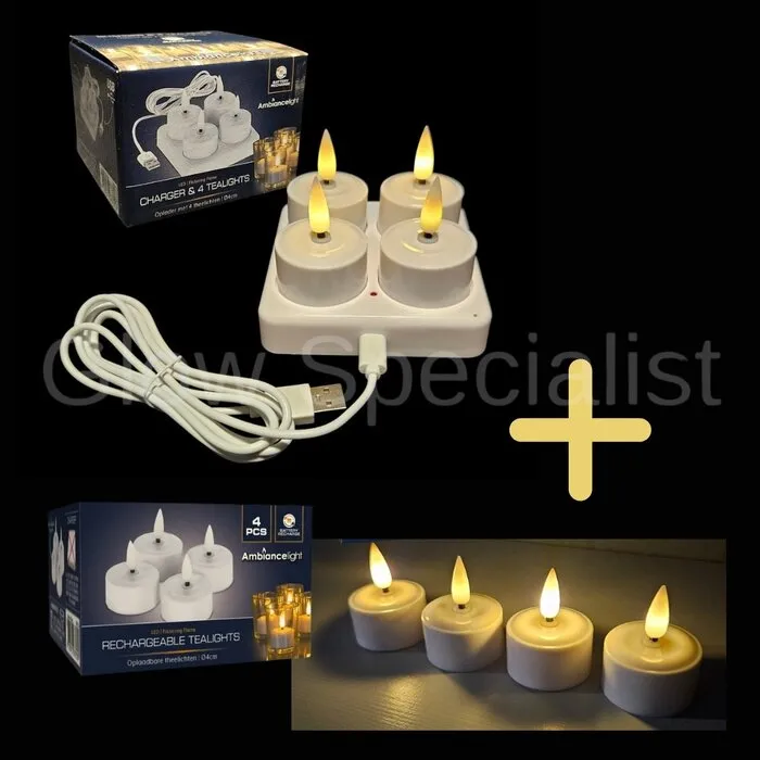 Glow Specialist 4 RECHARGEABLE LED TEA LIGHTS - INCL. CHARGER + EXPANSION SET - WHITE