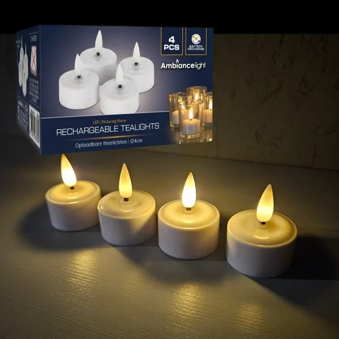 Glow Specialist 4 RECHARGEABLE LED TEA LIGHTS - INCL. CHARGER + EXPANSION SET - WHITE