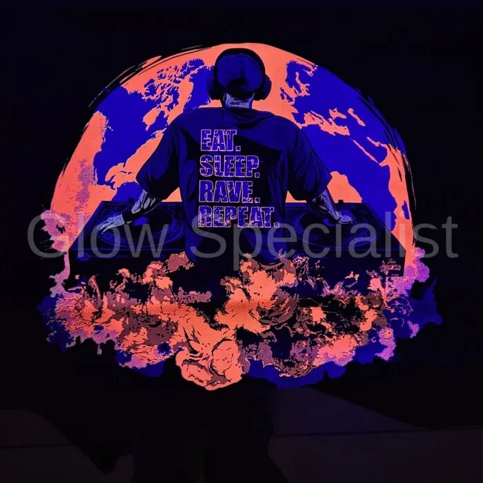 EAT. SLEEP. RAVE. REPEAT. - BLACKLIGHT T-SHIRT - BLACK WITH NEON PRINTS