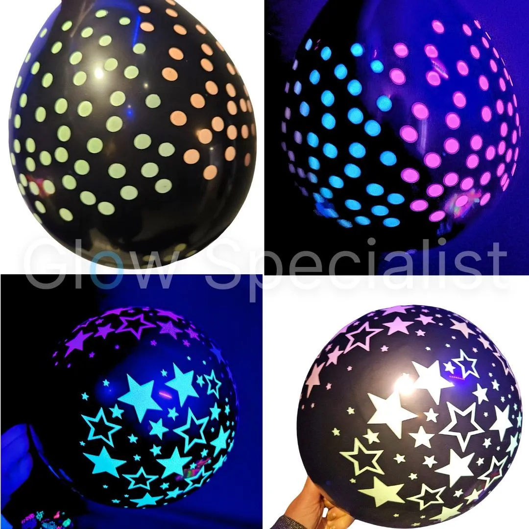NEON BALLOONS - UV / BLACKLIGHT - DOTS / STARS - 12 INCH - 8 PIECES