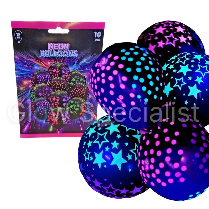 NEON BALLOONS - UV / BLACKLIGHT - DOTS / STARS - 12 INCH - 10 PIECES