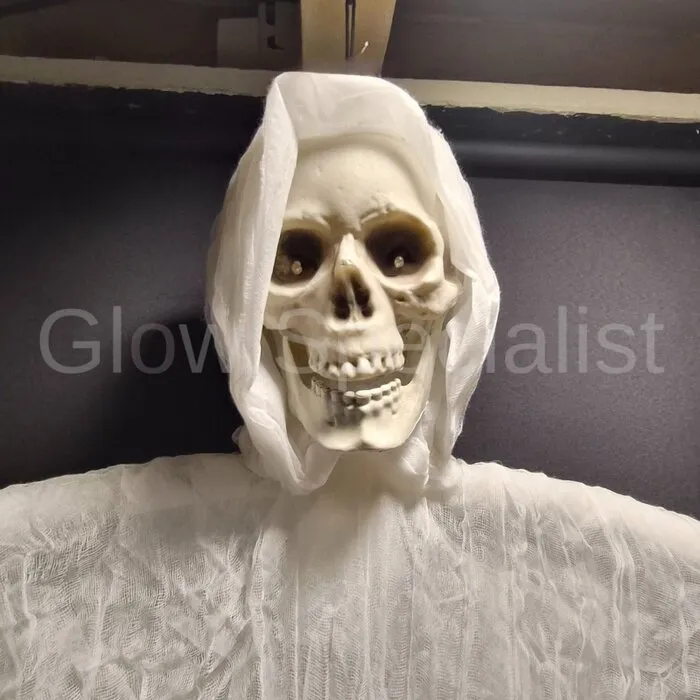 UV SKELETON GHOST - WHITE CAPE - HALLOWEEN - 140 CM - MOVEMENT - LIGHT AND SOUND