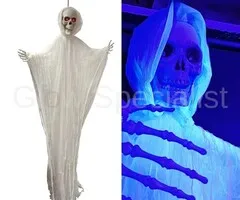 UV SKELET GEEST - WITTE CAPE - HALLOWEEN - 140 CM - BEWEGING - LICHT EN GELUID
