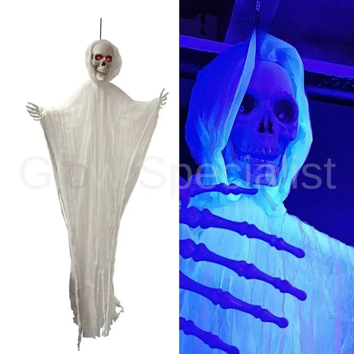 UV SKELET GEEST - WITTE CAPE - HALLOWEEN - 140 CM - BEWEGING - LICHT EN GELUID