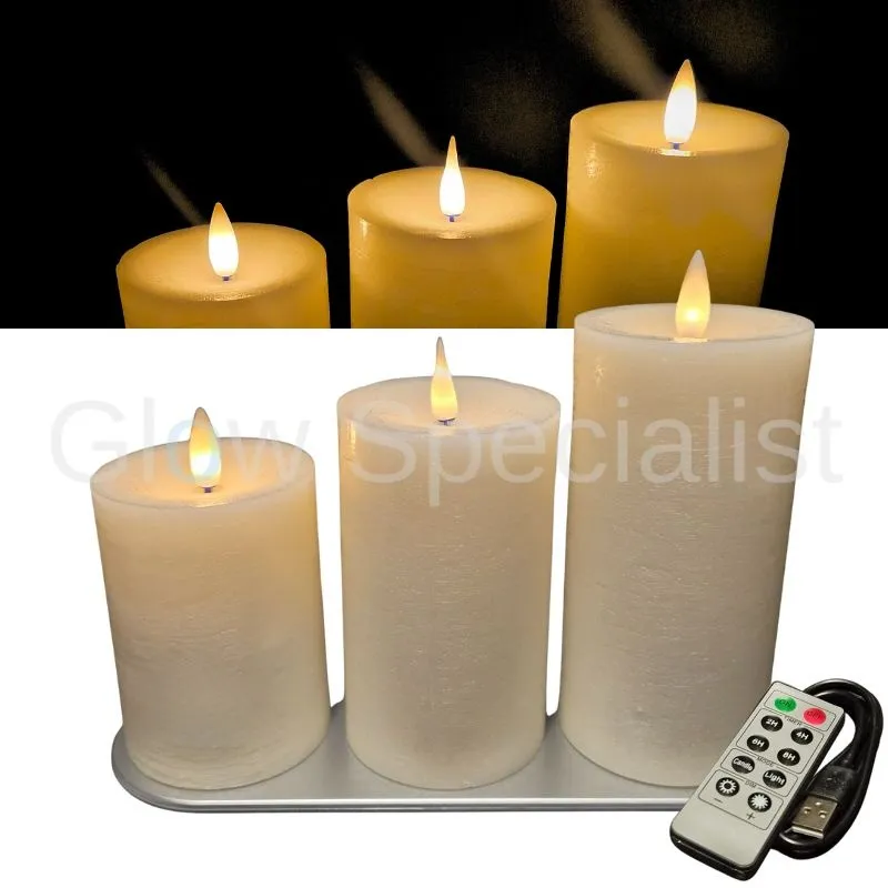 MovinFlame MOVINFLAME PILLAR CANDLES - 3 PIECES - RECHARGEABLE - WITH REMOTE CONTROL - WHITE