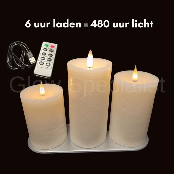 MovinFlame MOVINFLAME PILLAR CANDLES - 3 PIECES - RECHARGEABLE - WITH REMOTE CONTROL - WHITE