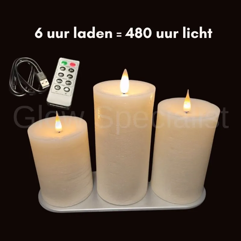 MovinFlame MOVINFLAME PILLAR CANDLES - 3 PIECES - RECHARGEABLE - WITH REMOTE CONTROL - WHITE