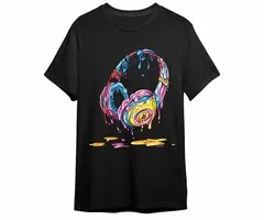 MELTING HEADPHONE – BLACKLIGHT T‑SHIRT – ZWART MET NEON PRINT
