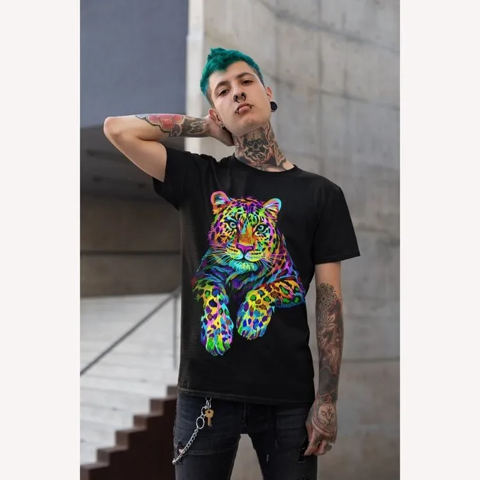 LEOPARD - BLACKLIGHT T-SHIRT - BLACK WITH NEON PRINT
