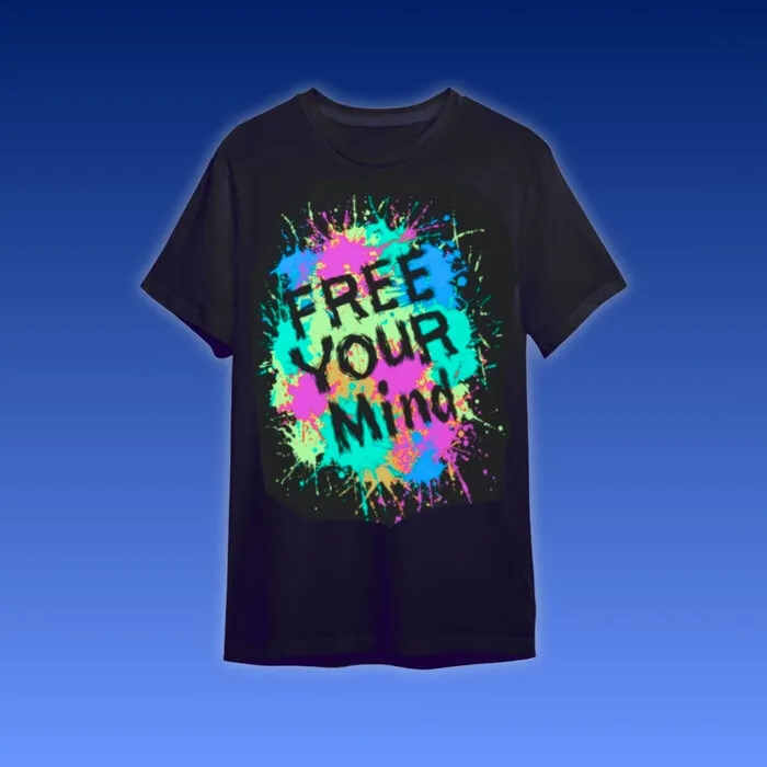 FREE YOUR MIND - BLACKLIGHT T-SHIRT - BLACK WITH NEON PRINTS