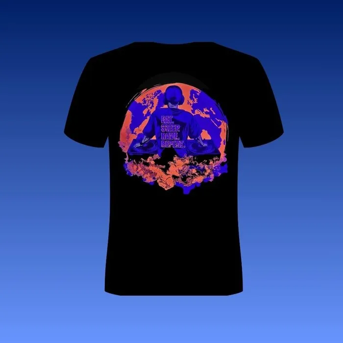 EAT. SLEEP. RAVE. REPEAT. - BLACKLIGHT T-SHIRT - BLACK WITH NEON PRINTS