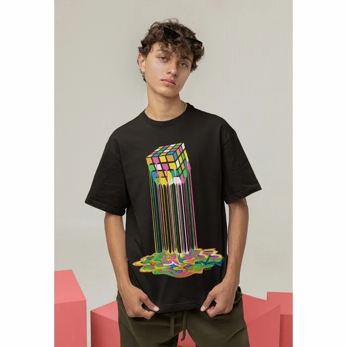 RUBIK DRIP - BLACKLIGHT T-SHIRT - BLACK WITH NEON PRINTS