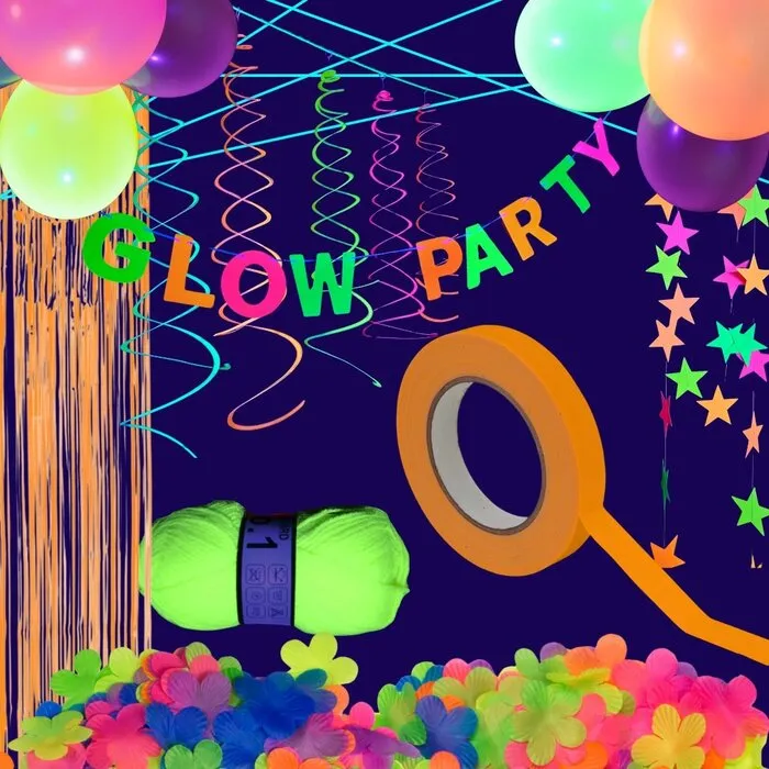 Glow Specialist Glow Party Decoration Pack – 8‑Piece Neon & UV Blacklight Set with Garlands, Balloons, Confetti, Neon Yarn & Tape