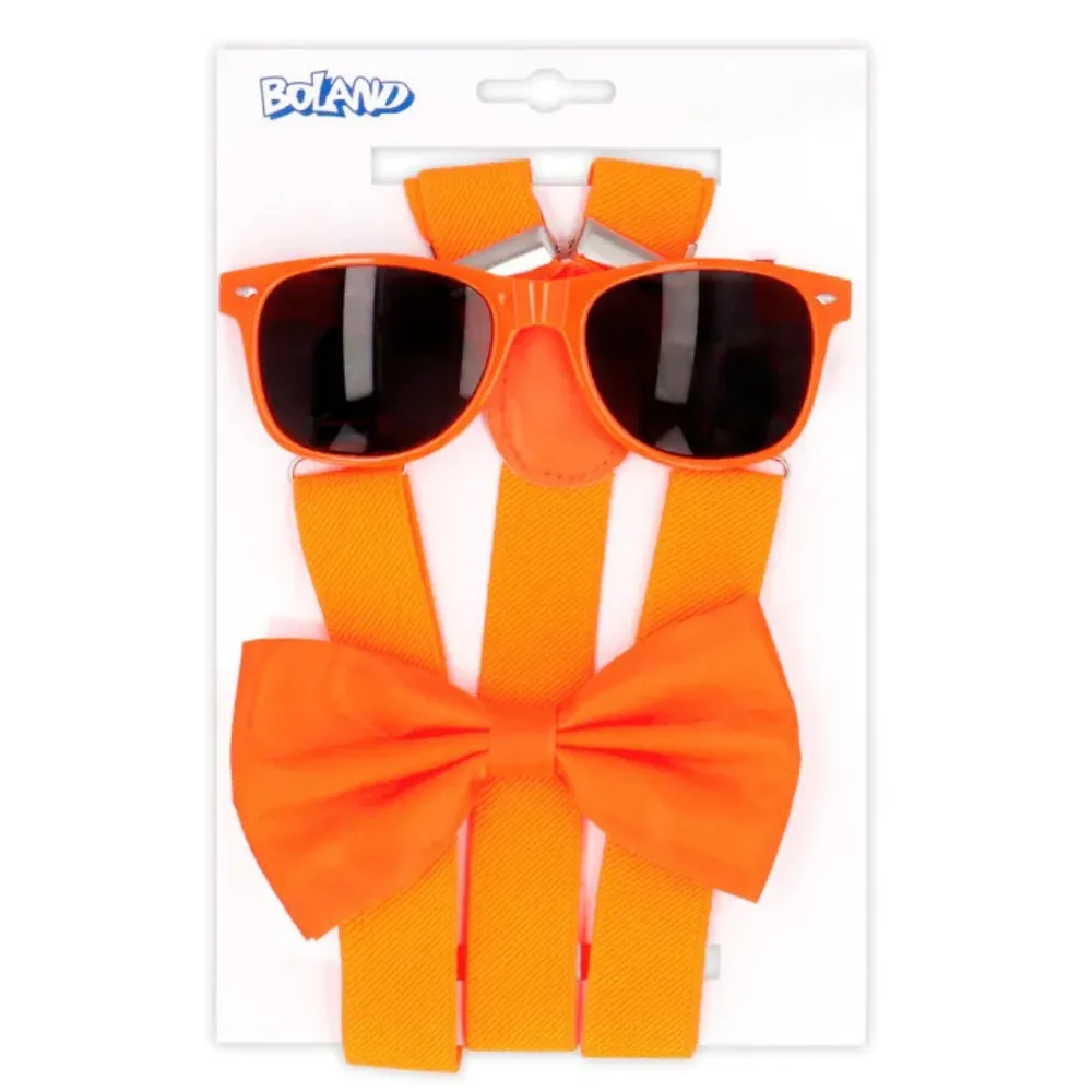 UV ACCESSORY SET - GLASSES, BOW TIE, SUSPENDERS - NEON ORANJE