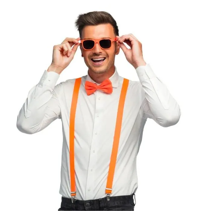 UV ACCESSOIRE SET - BRIL, STRIK, BRETELS - NEON ORANJE