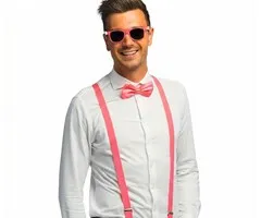 UV ACCESSORY SET - GLASSES, BOW TIE, SUSPENDERS - NEON PINK