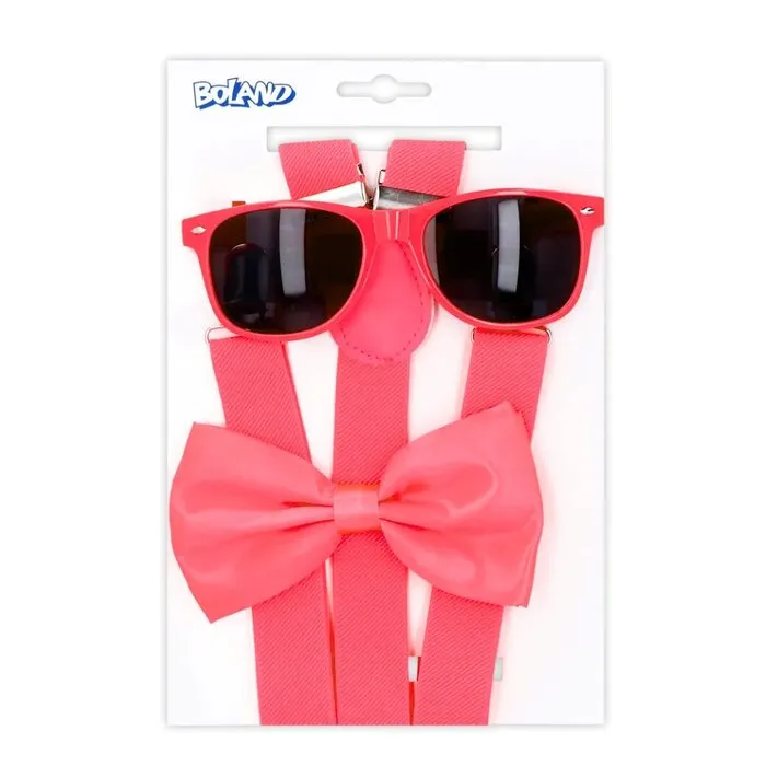 UV ACCESSOIRE SET - BRIL, STRIK, BRETELS - NEON ROZE