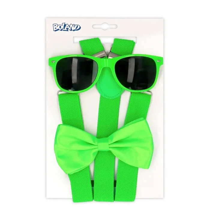 UV ACCESSORY SET - GLASSES, BOW TIE, SUSPENDERS - NEON GREEN