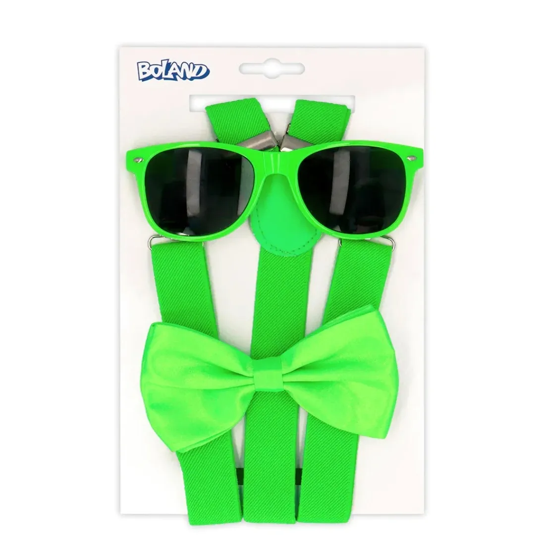 UV ACCESSORY SET - GLASSES, BOW TIE, SUSPENDERS - NEON GREEN