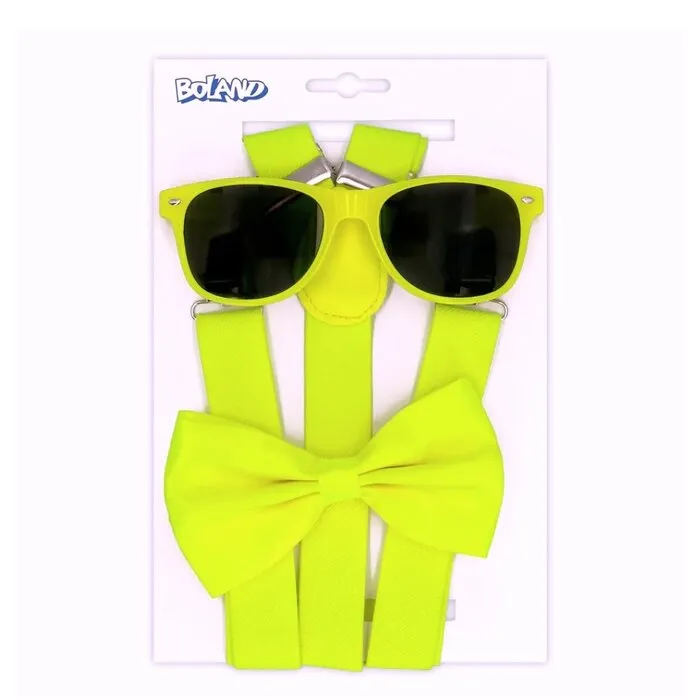 UV ACCESSORY SET - GLASSES, BOW TIE, SUSPENDERS - NEON YELLOW