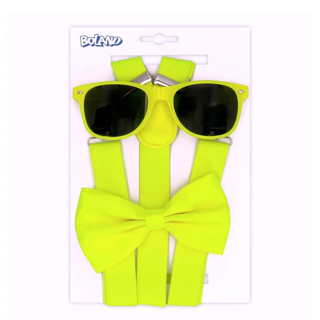 UV ACCESSORY SET - GLASSES, BOW TIE, SUSPENDERS - NEON YELLOW