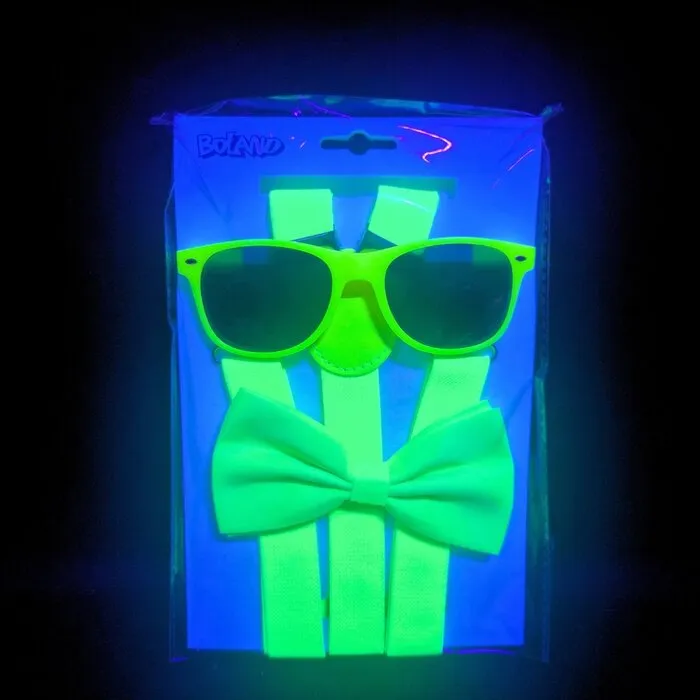 UV ACCESSORY SET - GLASSES, BOW TIE, SUSPENDERS - NEON YELLOW