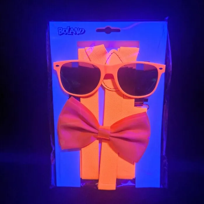 UV ACCESSOIRE SET - BRIL, STRIK, BRETELS - NEON ORANJE