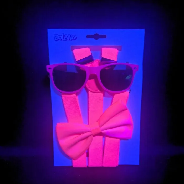 UV ACCESSOIRE SET - BRIL, STRIK, BRETELS - NEON ROZE