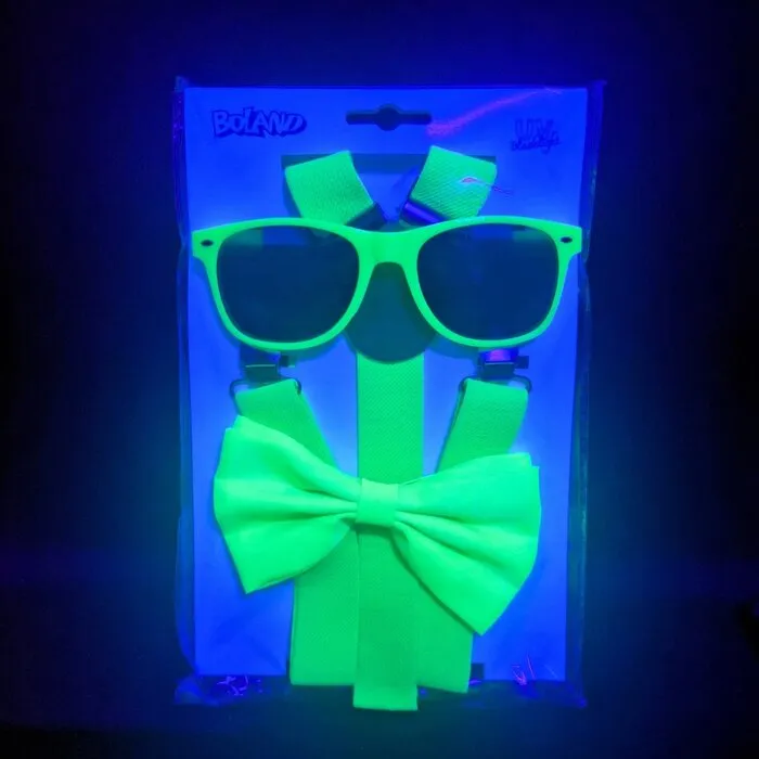 UV ACCESSOIRE SET - BRIL, STRIK, BRETELS - NEON GROEN