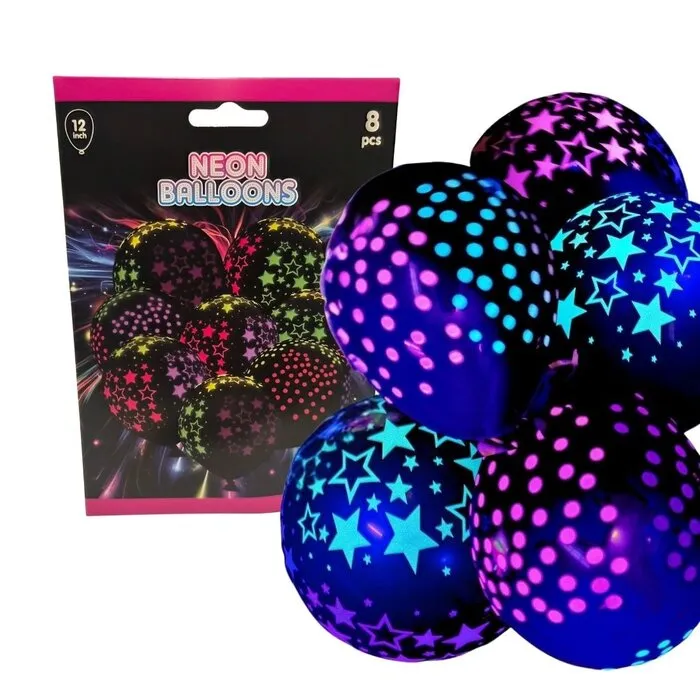 NEON BALLOONS - UV / BLACKLIGHT - DOTS / STARS - 12 INCH - 8 PIECES