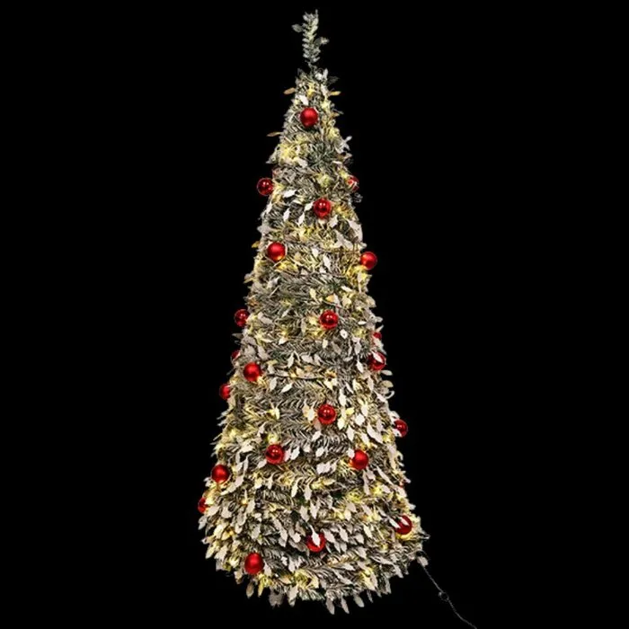 POP-UP CHRISTMAS TREE - 180 CM - 150 LEDS WARM WHITE - SNOW- 36 RED BAUBLES - 8 FUNCTIONS
