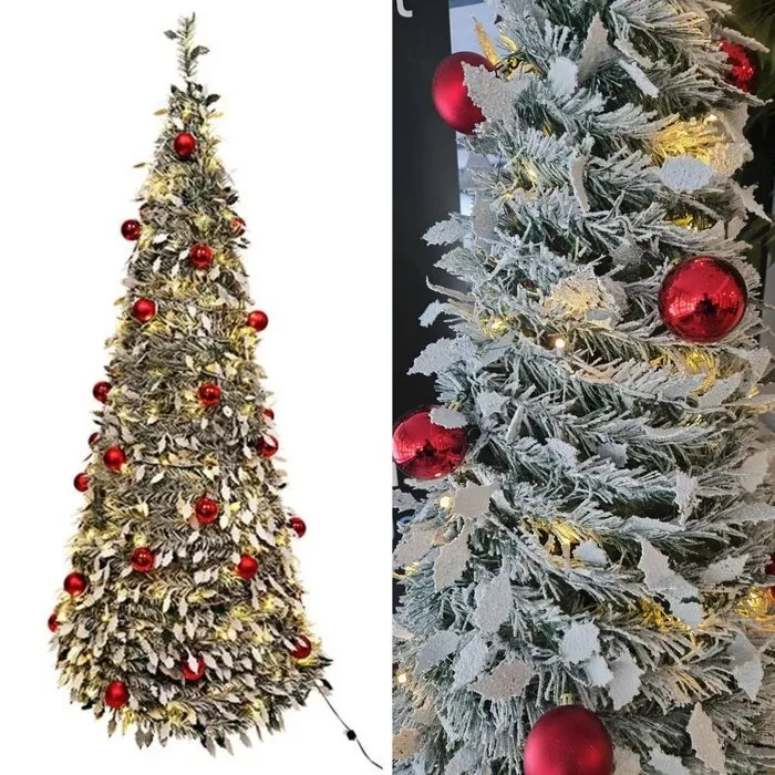 POP-UP CHRISTMAS TREE - 180 CM - 150 LEDS WARM WHITE - SNOW- 36 RED BAUBLES - 8 FUNCTIONS