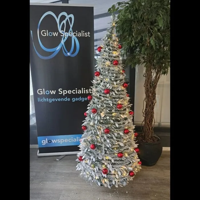 POP-UP CHRISTMAS TREE - 180 CM - 150 LEDS WARM WHITE - SNOW- 36 RED BAUBLES - 8 FUNCTIONS