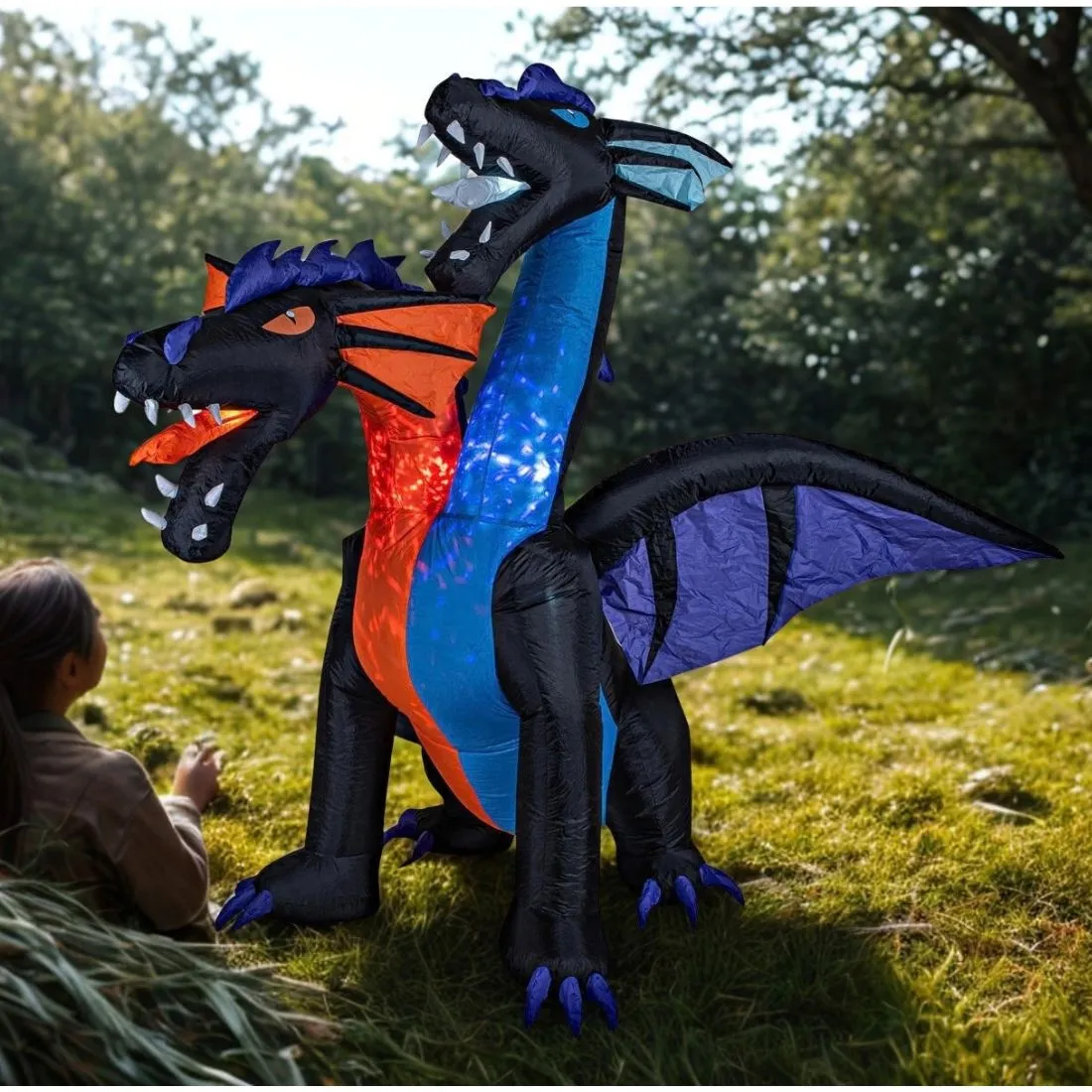 Europalms HALLOWEEN INFLATABLE DRAGON - 208 CM - TWO-HEADED – WITH LED LIGHTING