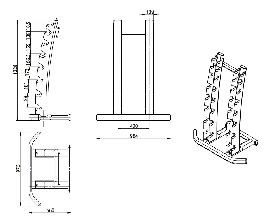 PT Essentials Heavy Duty verticaal opbergrek hexa dumbbells 2,5 t/m 20 kg