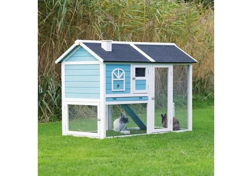 Trixie Konijnenhok met ren 2 etages blauw/wit | 156 x 110 x 80 cm