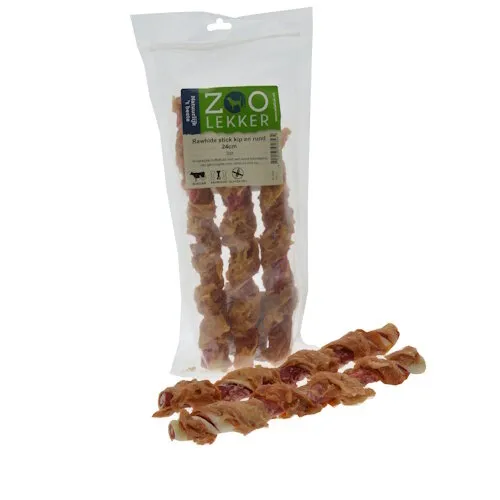 Zoolekker Rawhide stick kip en rund 24 cm 3 stuks