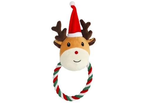De Boon Kerst hondenspeeltje pluche rendier met floss touw 27 cm