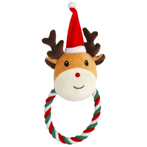 De Boon Kerst hondenspeeltje pluche rendier met floss touw 27 cm