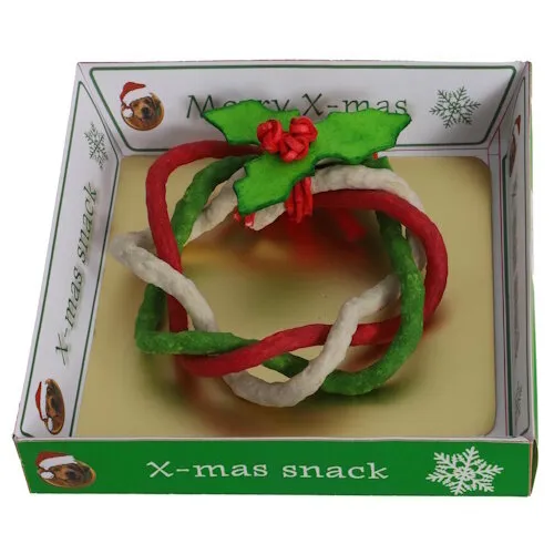 De Boon Kerst hondensnack buffelhuid kerstkrans rood groen wit