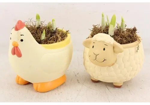 Junai.nl Kip en Schaap bloempot met narcissen | set van 2 | 15 cm pot
