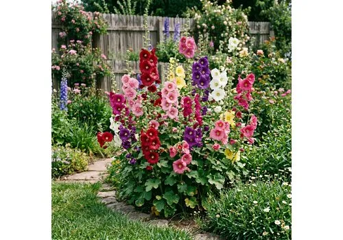 Junai.nl Alcea rosea | Stokroos gemengde kleuren | 13 cm pot | ca. 25–35 cm hoog