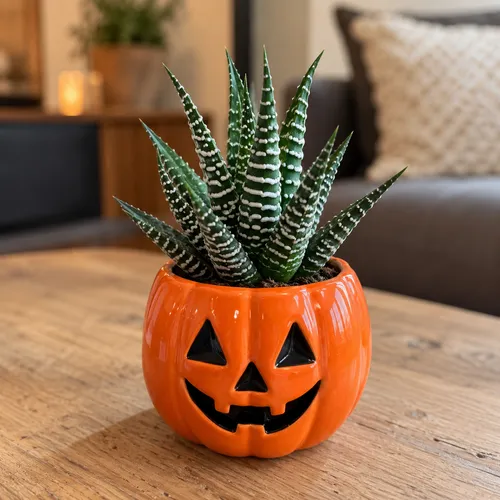 Junai.nl Haworthia fasciata 'Big Band' in Halloweenpot | 5,5 cm pot | 10 cm hoog
