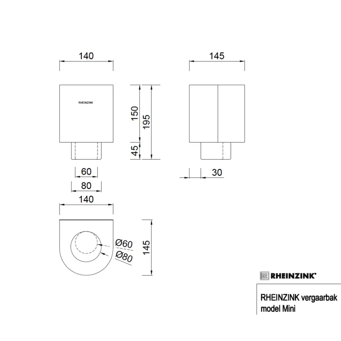 Rheinzink Zinken vergaarbak 80 mm - model Mini met uitsparing (Rheinzink)