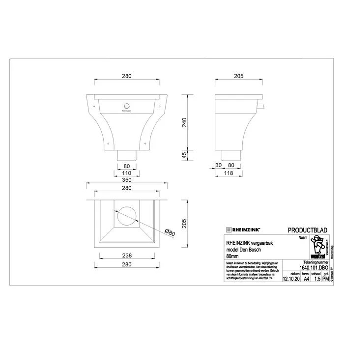 Rheinzink Vergaarbak zink 80 mm Den Bosch